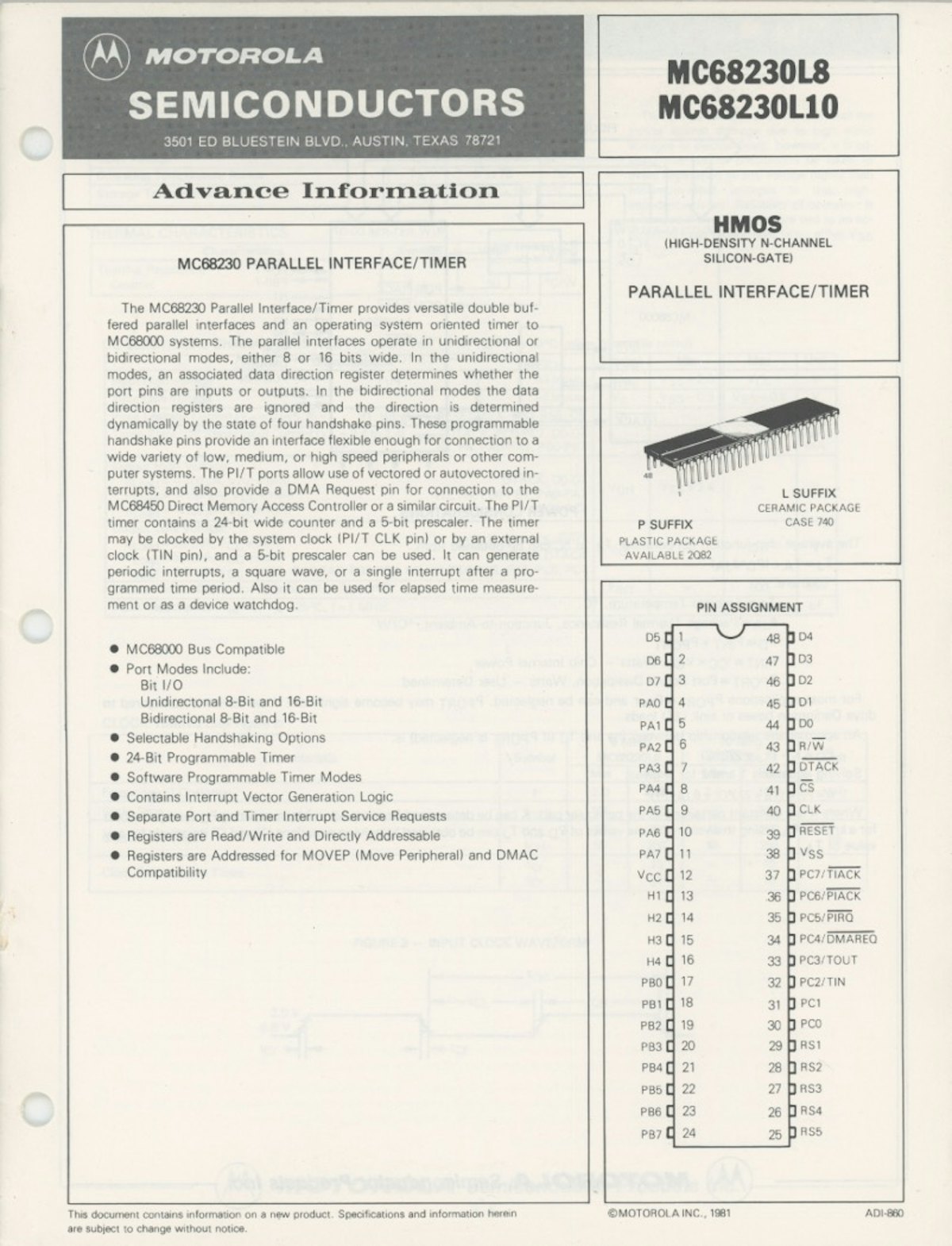 MC68230L8 MC68230L10 Advance Information